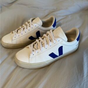 Unisex Veja White Leather Sneakers with Blue V Logo